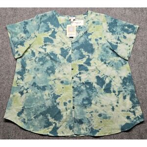 LuLaRoe Shannah Blouse Womens 2XL Green Blue Tie Dye Button Up Top Stretch New